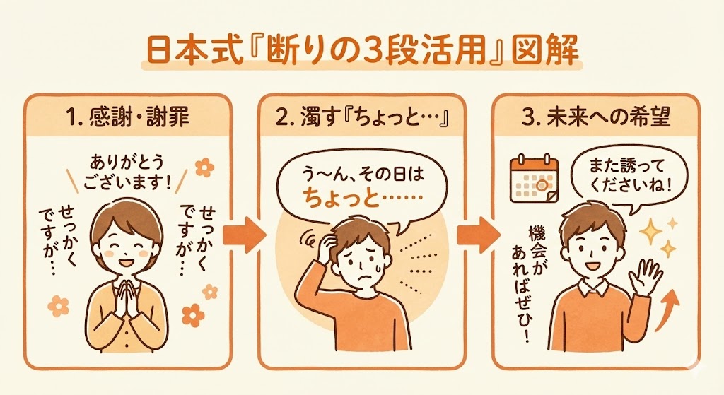 「断りの3段活用」を図解：1.感謝/謝罪 → 2.濁す「ちょっと…」 → 3.未来への希望